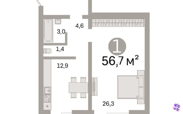 Однокомнатная квартира площадью 56,7 кв.м.